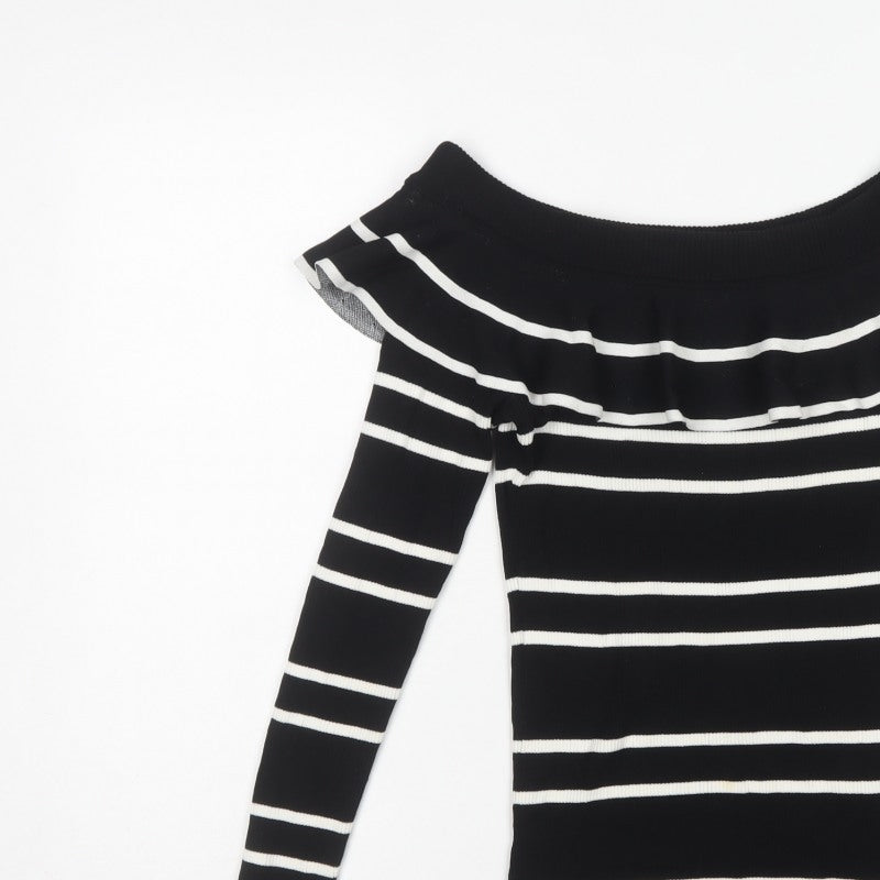 Next Women’s Black White Striped Ruffle Bardot Jumper UK 16