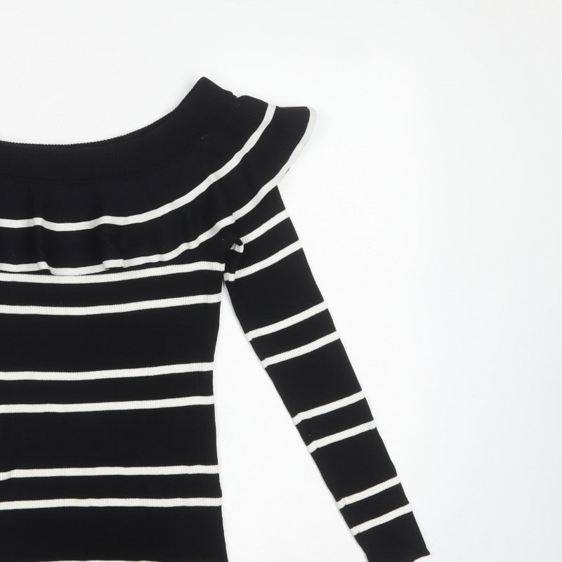 Next Women’s Black White Striped Ruffle Bardot Jumper UK 16