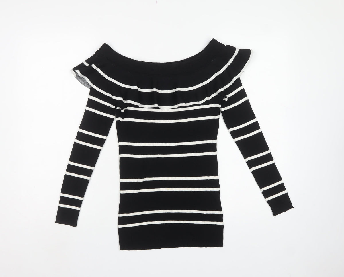 Next Women’s Black White Striped Ruffle Bardot Jumper UK 16