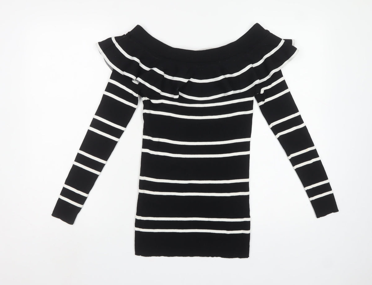 Next Women’s Black White Striped Ruffle Bardot Jumper UK 16