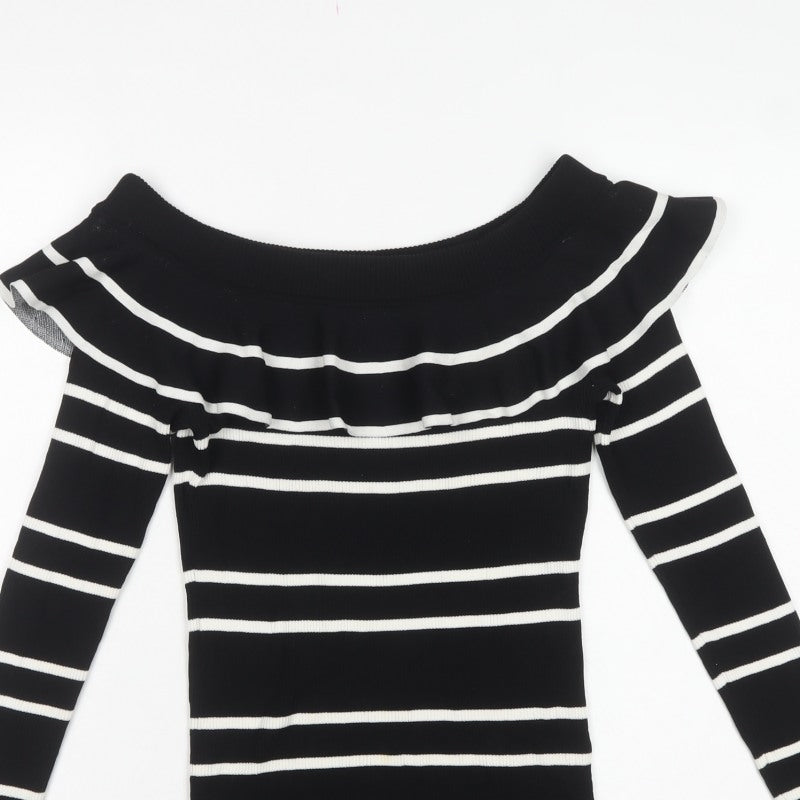 Next Women’s Black White Striped Ruffle Bardot Jumper UK 16