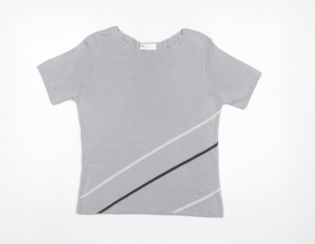 Bhs Women Grey UK 16 Striped Short Sleeve Knit Jumper