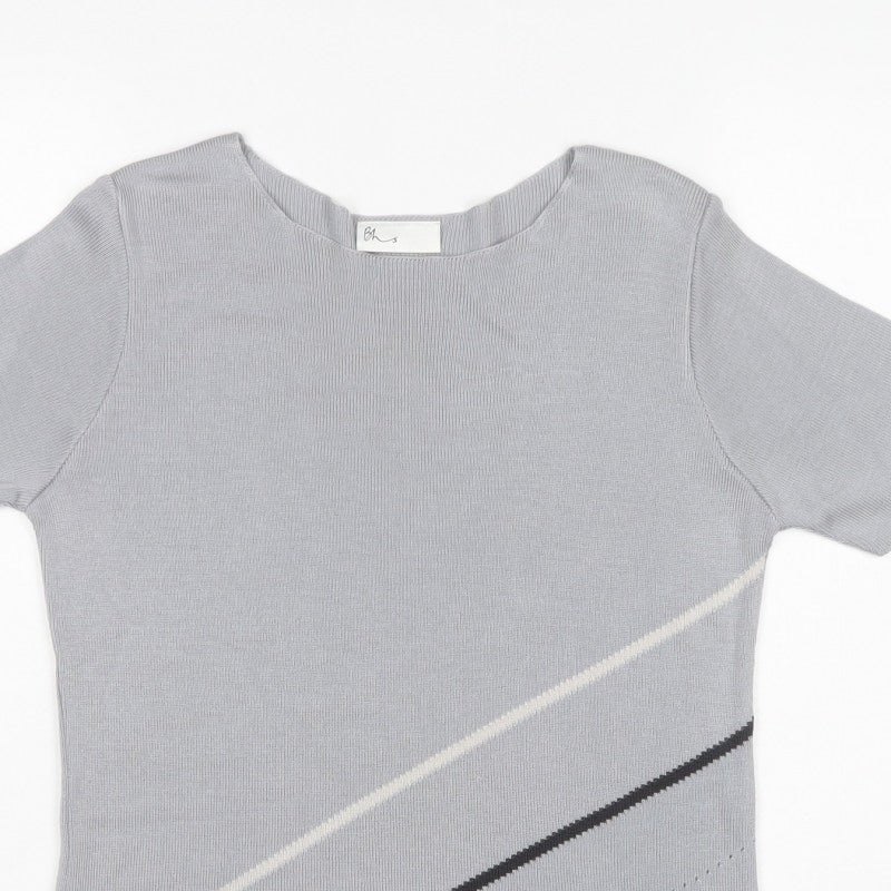 Bhs Women Grey UK 16 Striped Short Sleeve Knit Jumper