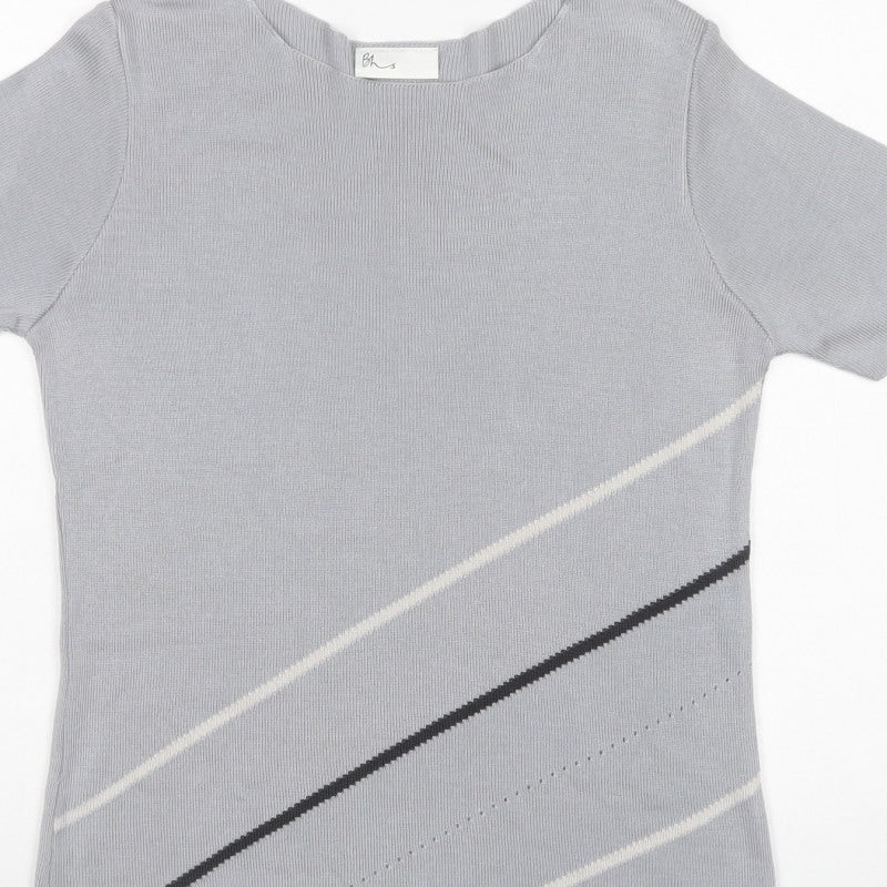 Bhs Women Grey UK 16 Striped Short Sleeve Knit Jumper