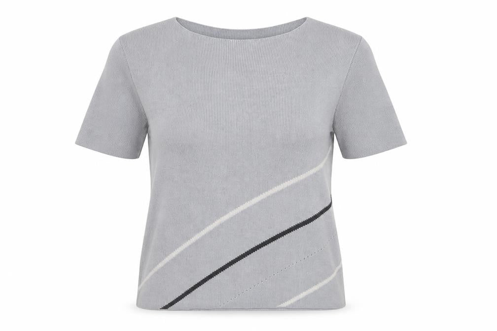 Bhs Women Grey UK 16 Striped Short Sleeve Knit Jumper