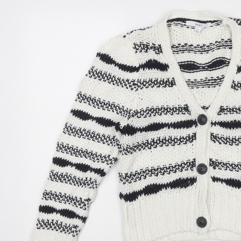 Next Women Ivory Black Striped Chunky Knit Button Cardigan Size S