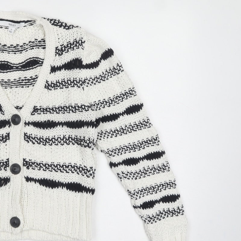 Next Women Ivory Black Striped Chunky Knit Button Cardigan Size S