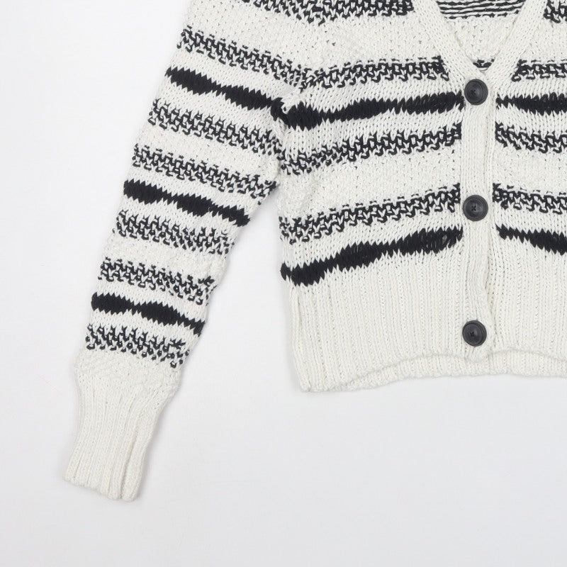 Next Women Ivory Black Striped Chunky Knit Button Cardigan Size S
