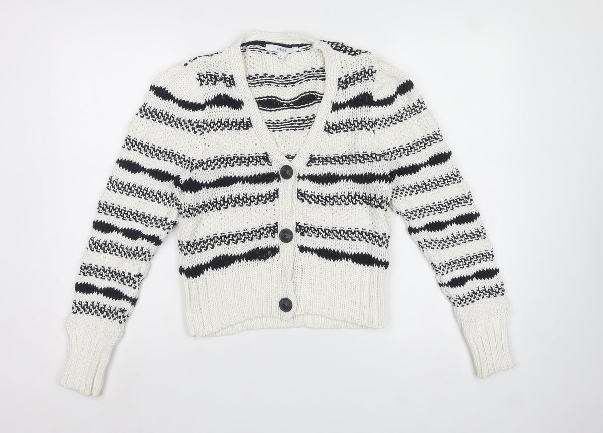 Next Women Ivory Black Striped Chunky Knit Button Cardigan Size S