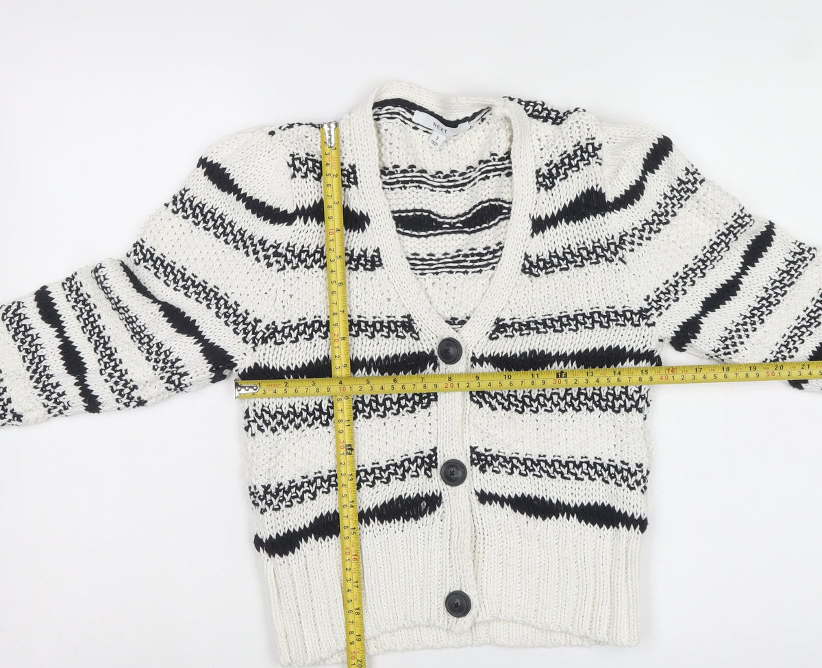 Next Women Ivory Black Striped Chunky Knit Button Cardigan Size S