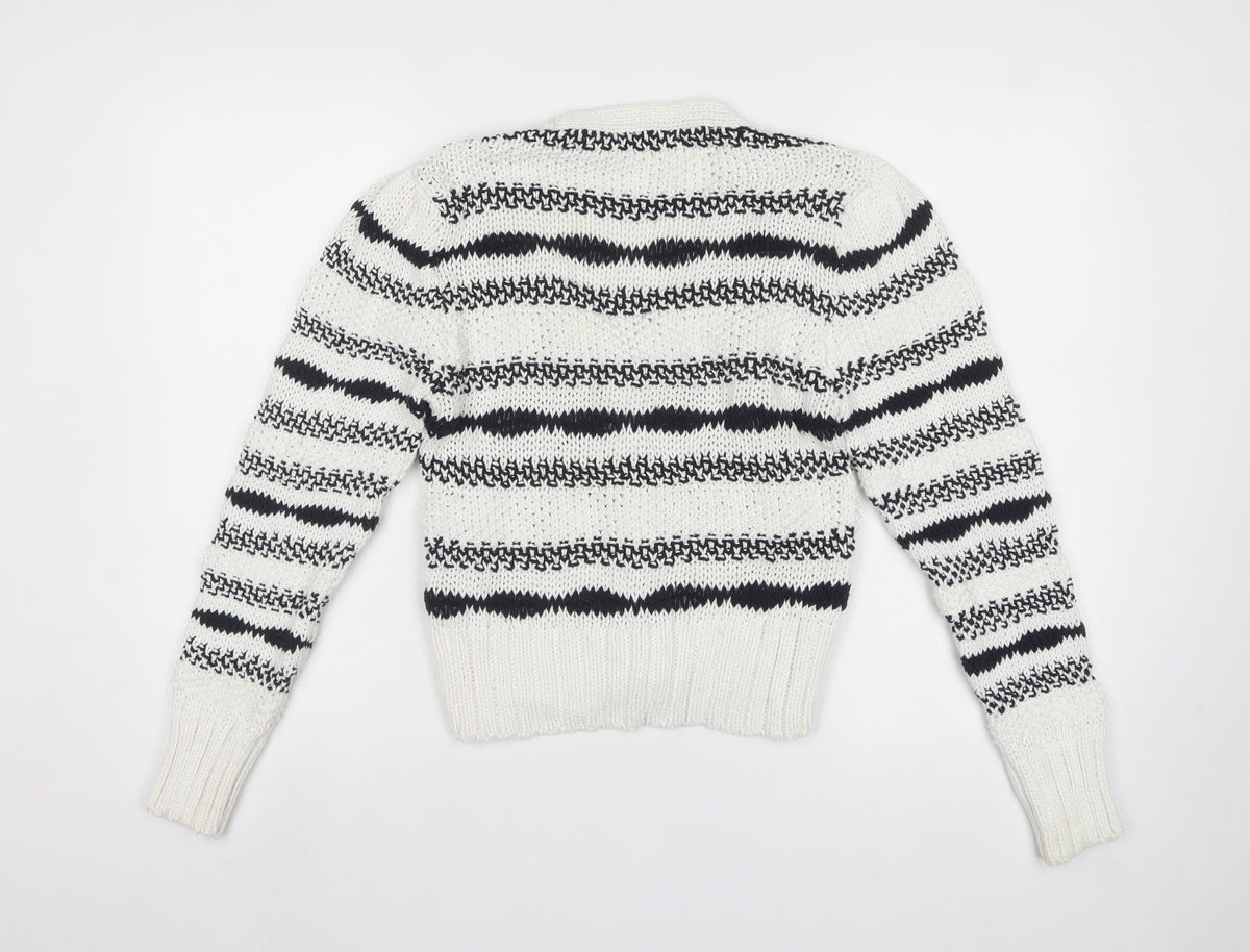 Next Women Ivory Black Striped Chunky Knit Button Cardigan Size S