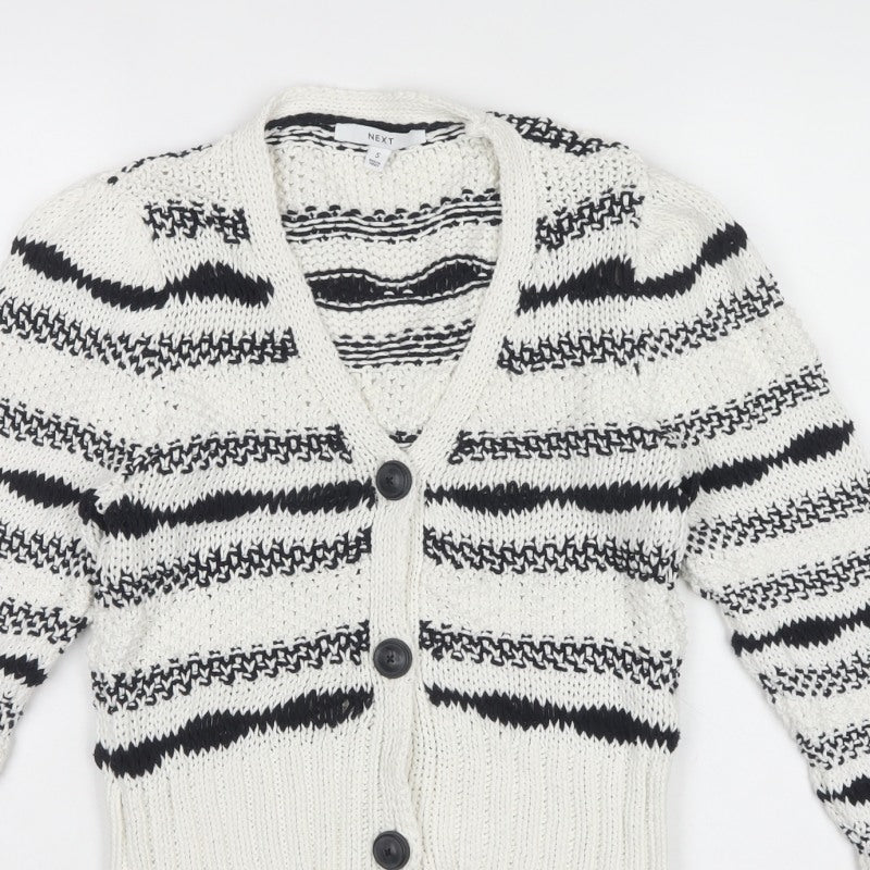 Next Women Ivory Black Striped Chunky Knit Button Cardigan Size S