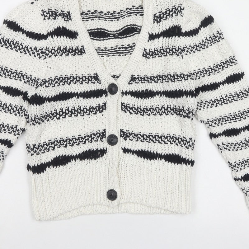 Next Women Ivory Black Striped Chunky Knit Button Cardigan Size S