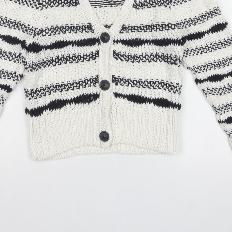 Next Women Ivory Black Striped Chunky Knit Button Cardigan Size S