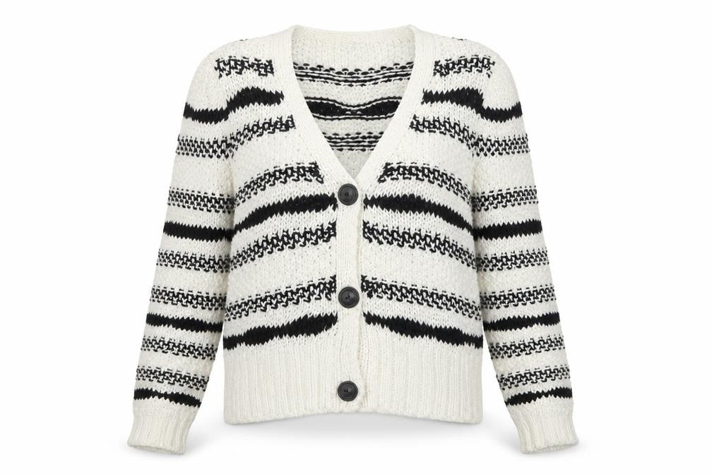Next Women Ivory Black Striped Chunky Knit Button Cardigan Size S