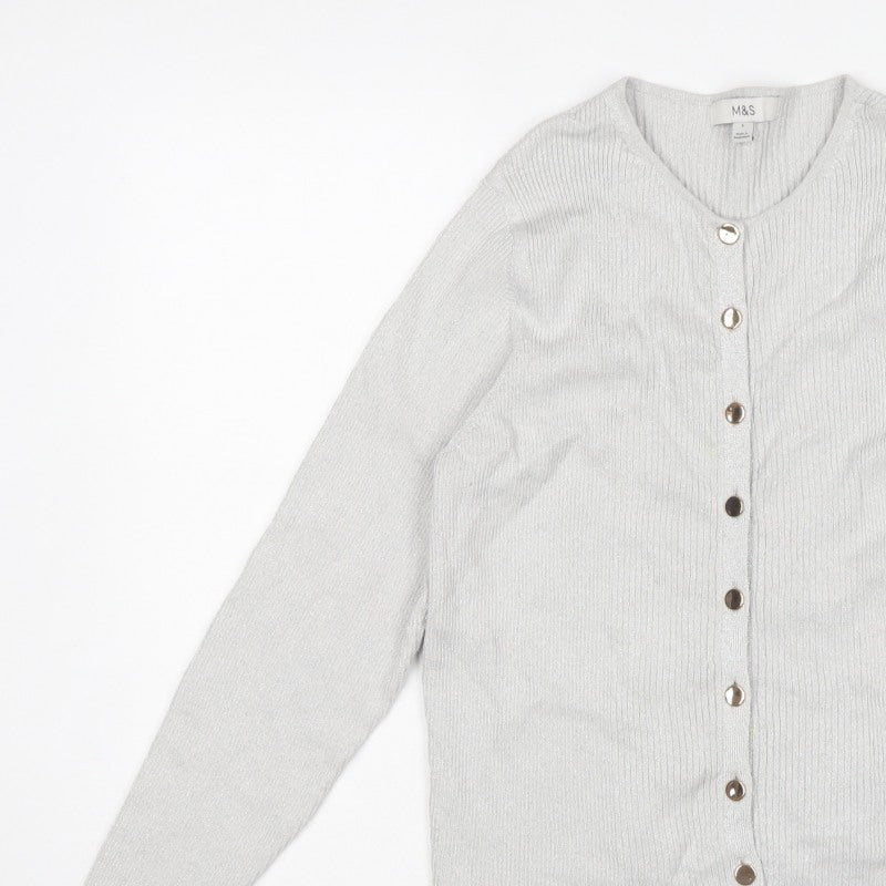 Marks & Spencer Women's Silver L Rib Knit Button Cardigan Long Sleeve