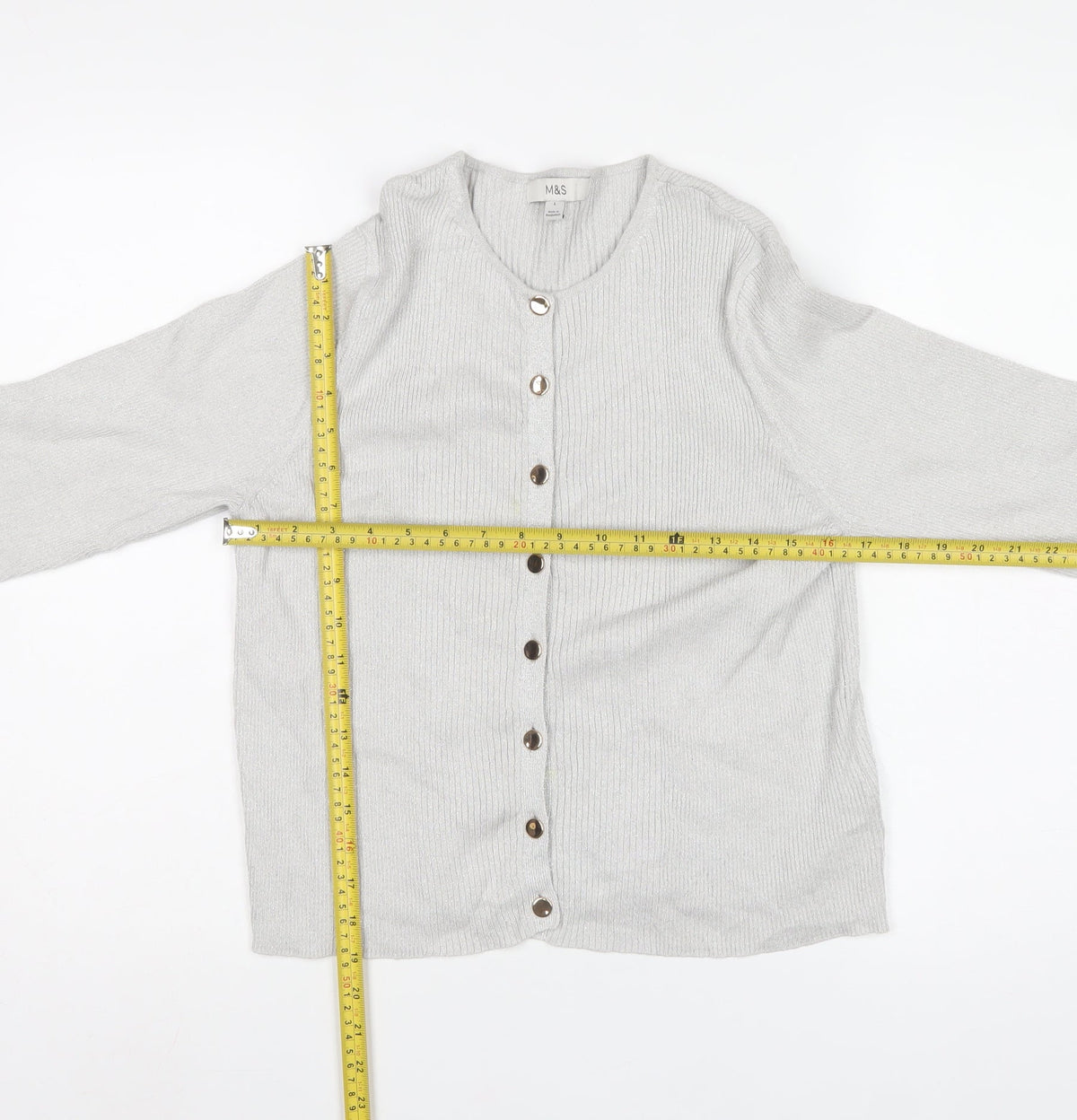 Marks & Spencer Women's Silver L Rib Knit Button Cardigan Long Sleeve