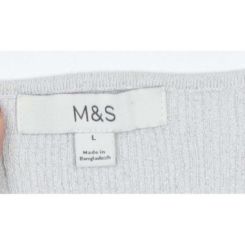 Marks & Spencer Women's Silver L Rib Knit Button Cardigan Long Sleeve