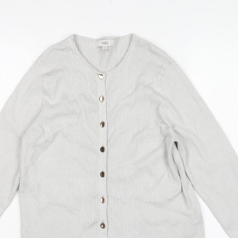 Marks & Spencer Women's Silver L Rib Knit Button Cardigan Long Sleeve