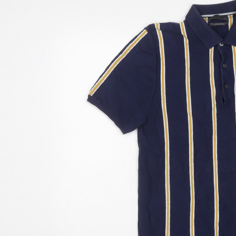 Marks and Spencer Men Blue M Striped Cotton Rich Knit Polo