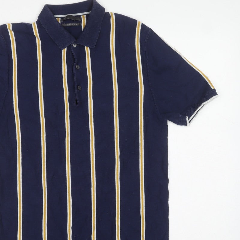 Marks and Spencer Men Blue M Striped Cotton Rich Knit Polo