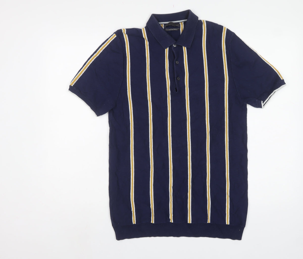 Marks and Spencer Men Blue M Striped Cotton Rich Knit Polo