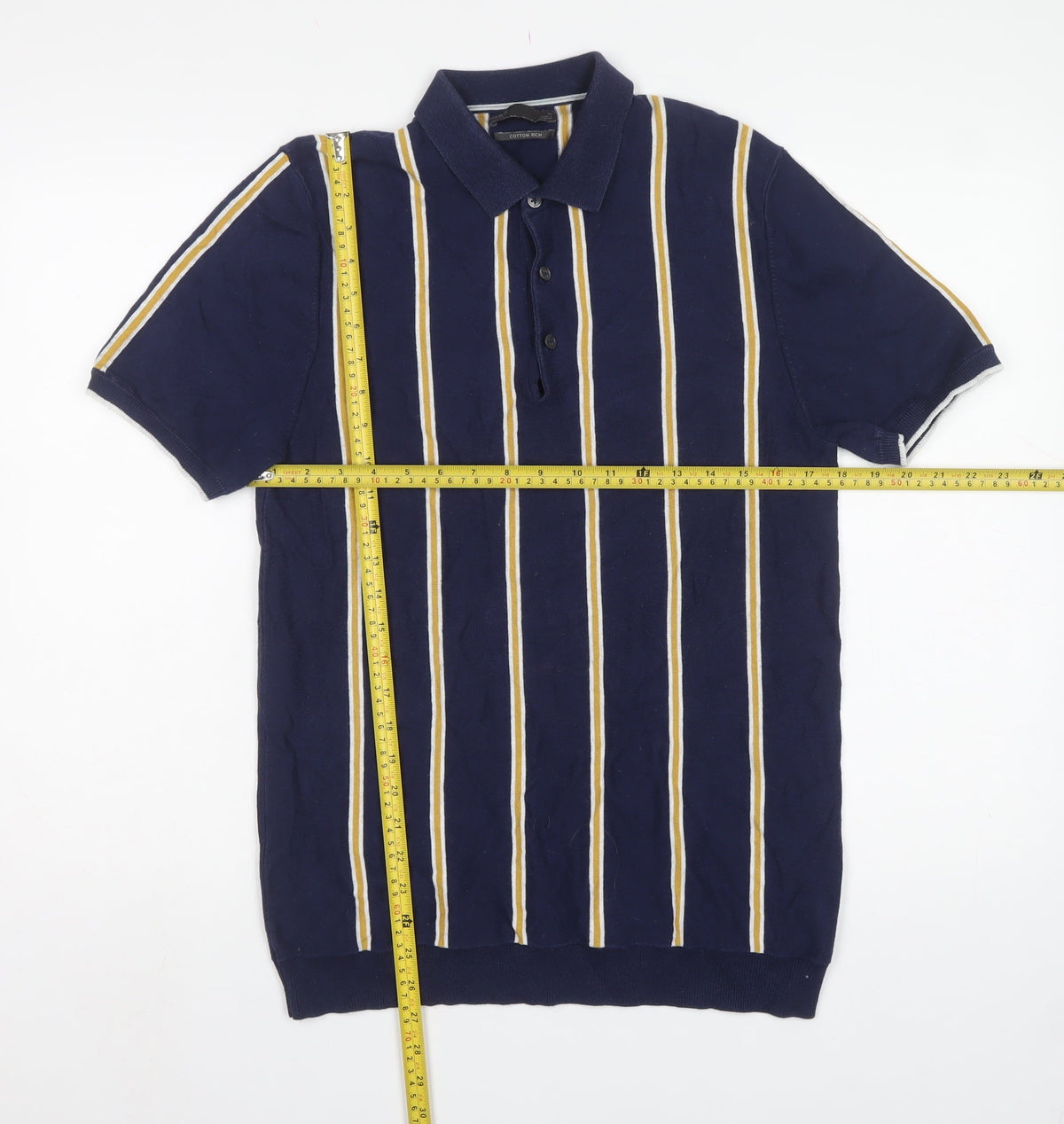 Marks and Spencer Men Blue M Striped Cotton Rich Knit Polo