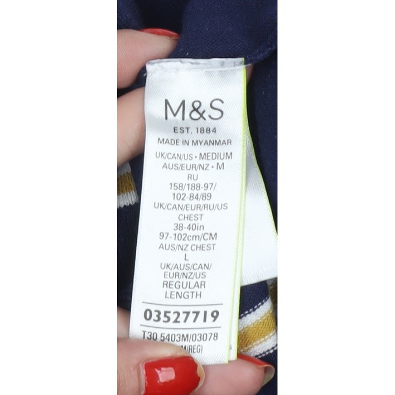 Marks and Spencer Men Blue M Striped Cotton Rich Knit Polo