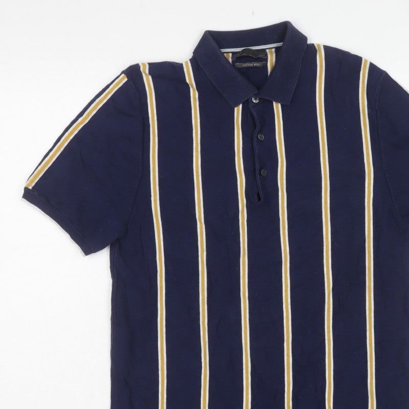 Marks and Spencer Men Blue M Striped Cotton Rich Knit Polo