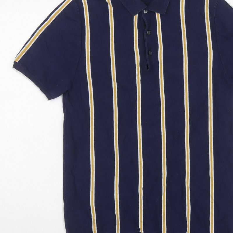 Marks and Spencer Men Blue M Striped Cotton Rich Knit Polo