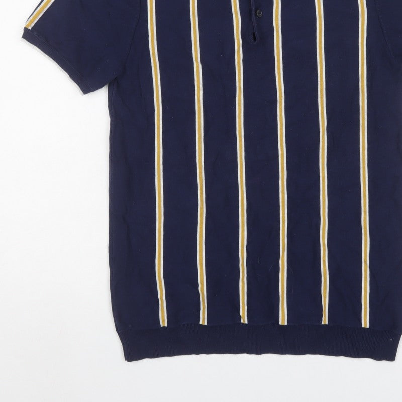Marks and Spencer Men Blue M Striped Cotton Rich Knit Polo