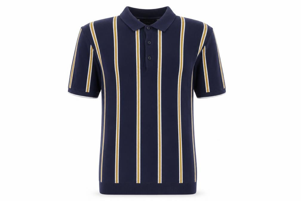 Marks and Spencer Men Blue M Striped Cotton Rich Knit Polo