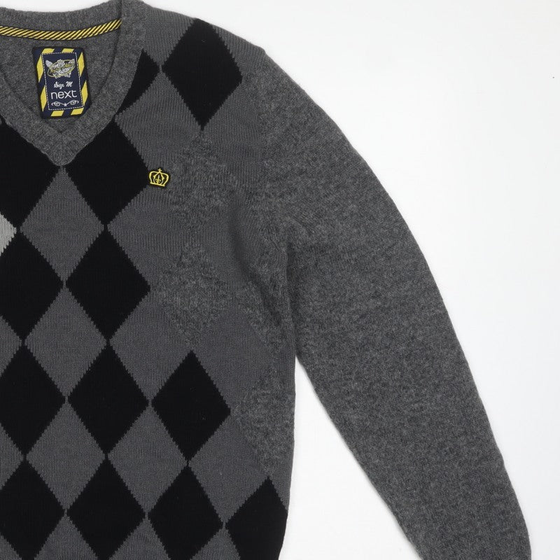 Next Men’s Grey Argyle Wool Blend V-Neck Pullover Jumper Size M