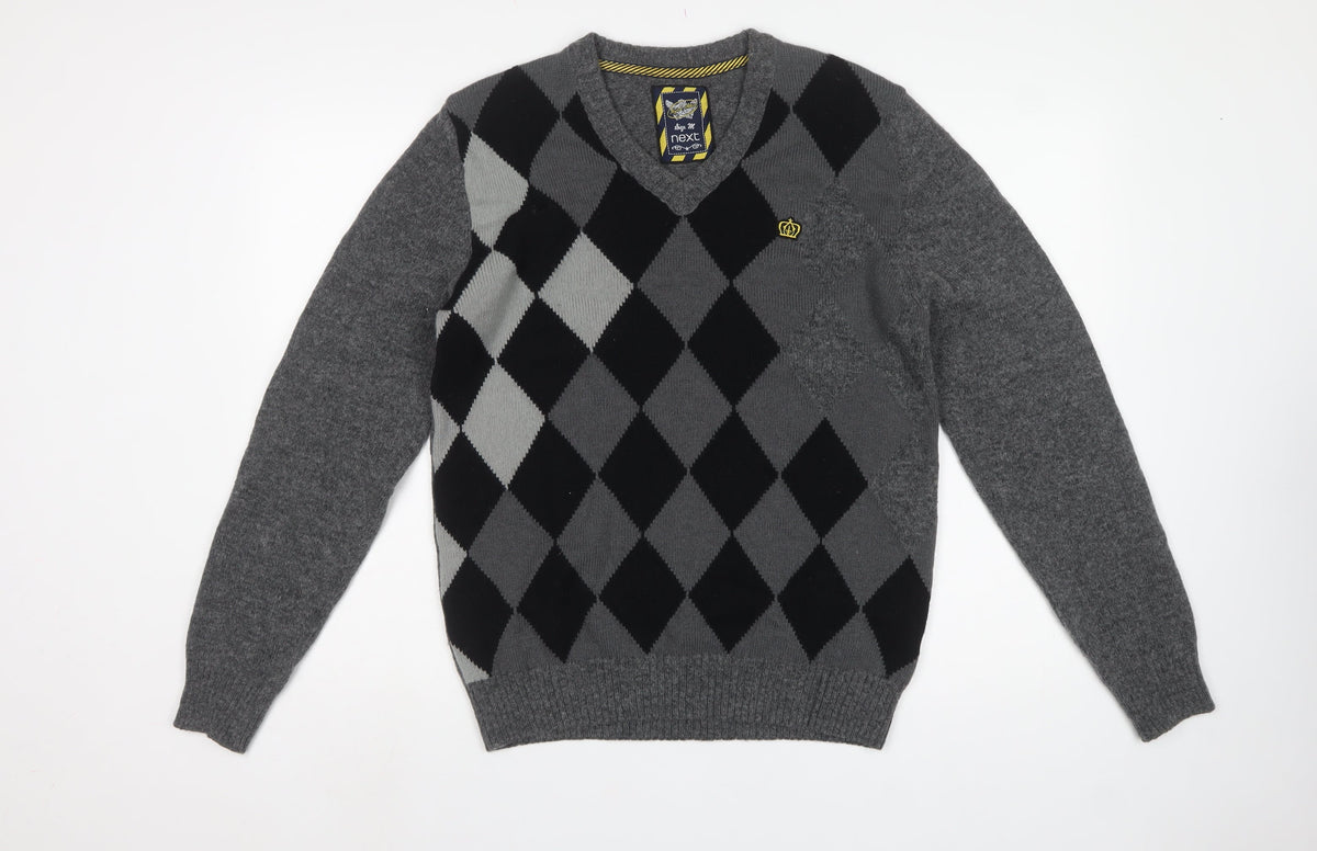 Next Men’s Grey Argyle Wool Blend V-Neck Pullover Jumper Size M