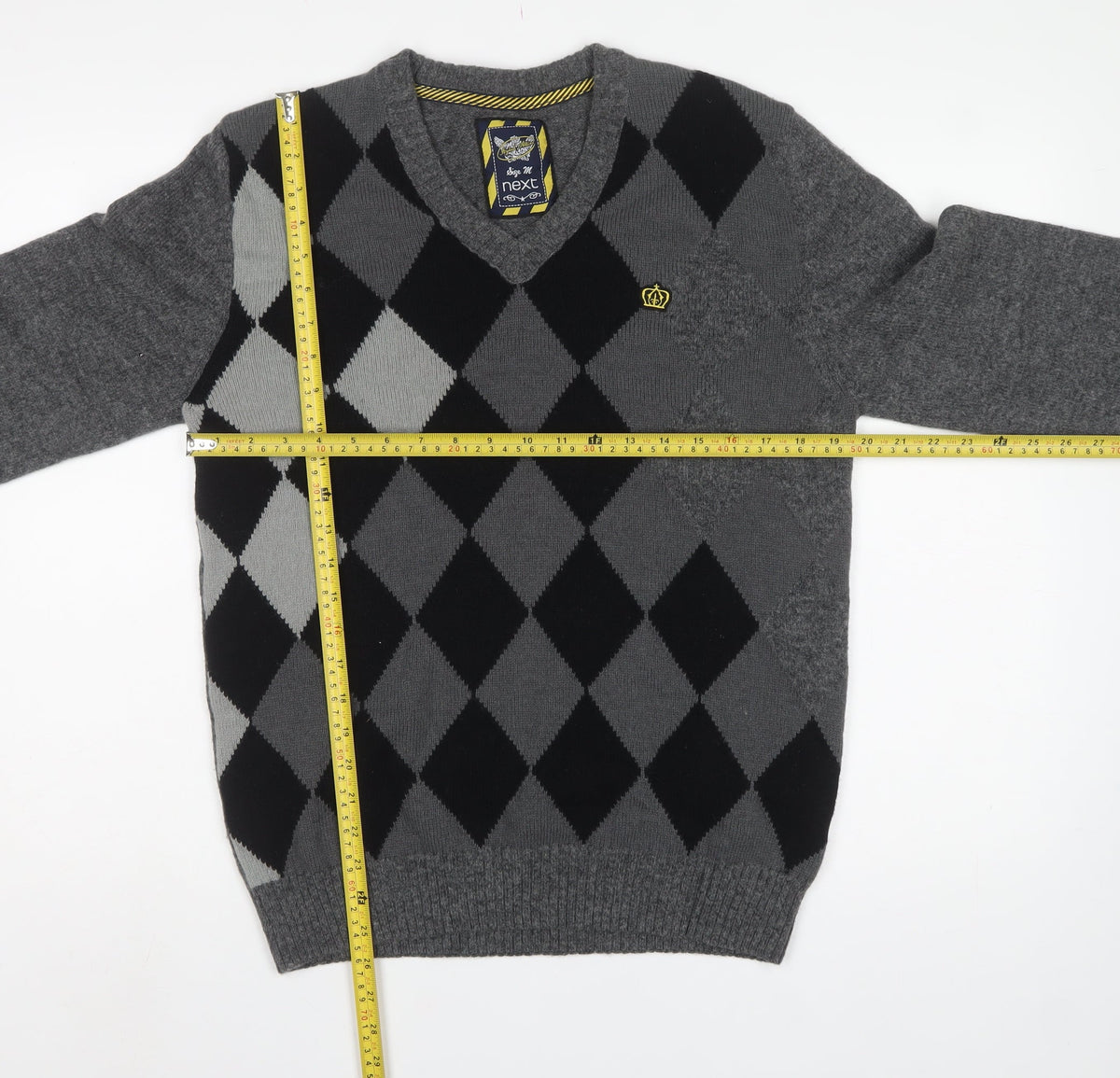 Next Men’s Grey Argyle Wool Blend V-Neck Pullover Jumper Size M