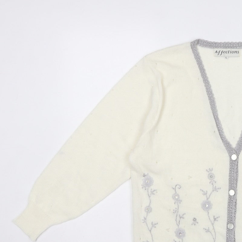 Affections Women Ivory L Floral Embroidered V-Neck Knit Cardigan