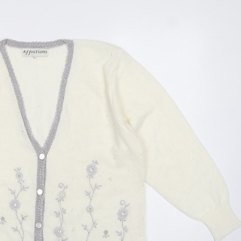 Affections Women Ivory L Floral Embroidered V-Neck Knit Cardigan