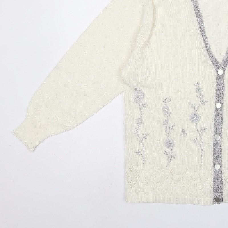 Affections Women Ivory L Floral Embroidered V-Neck Knit Cardigan