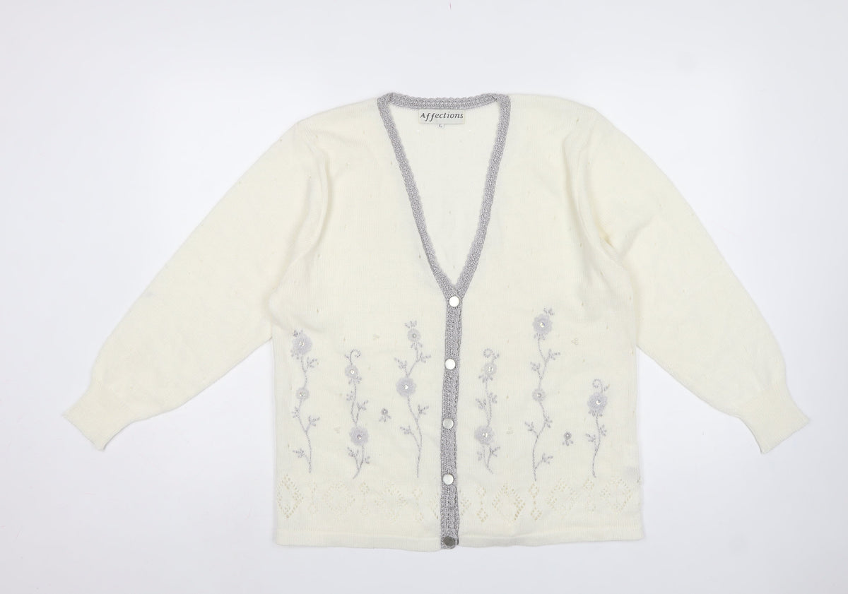 Affections Women Ivory L Floral Embroidered V-Neck Knit Cardigan
