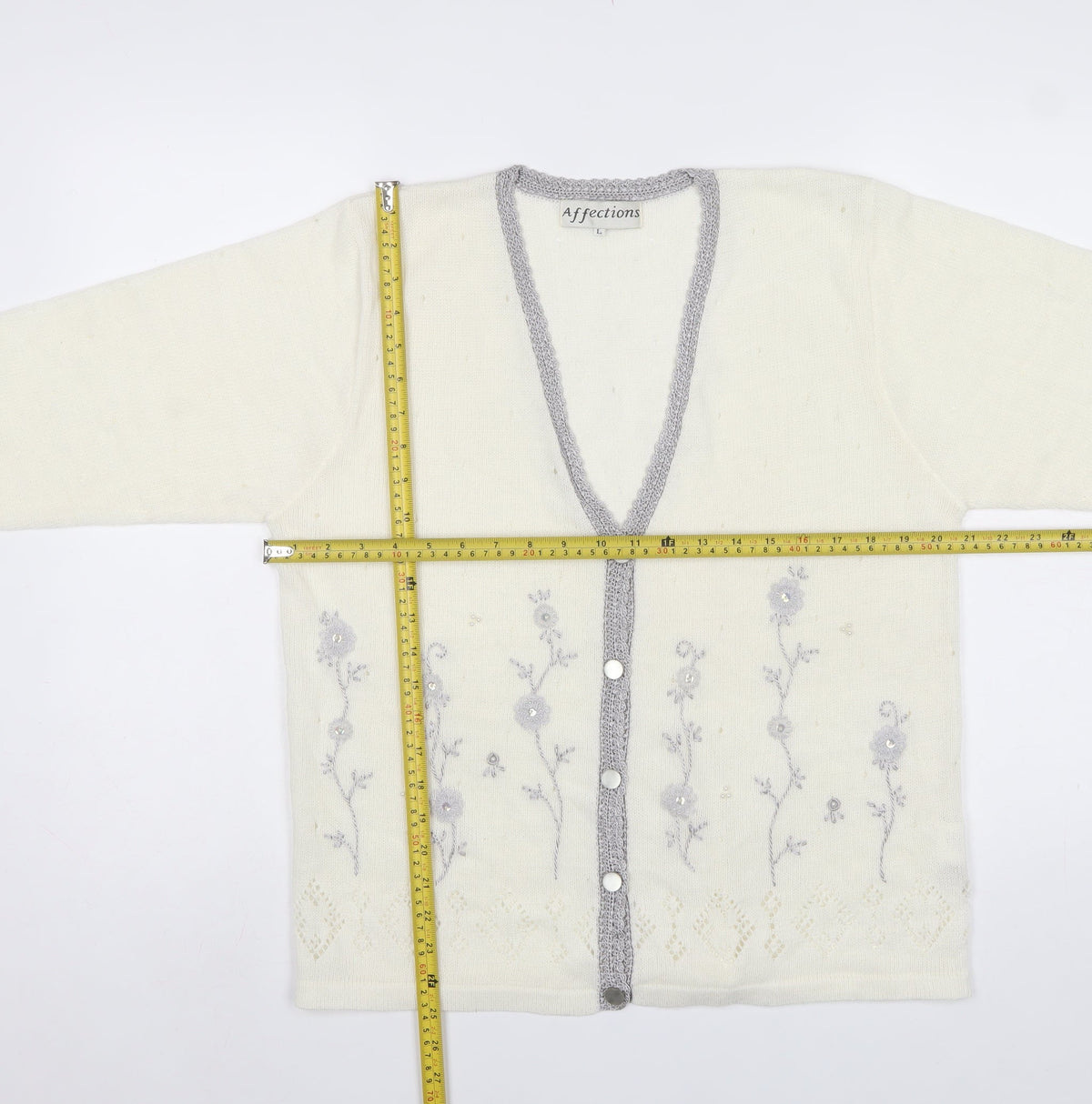Affections Women Ivory L Floral Embroidered V-Neck Knit Cardigan