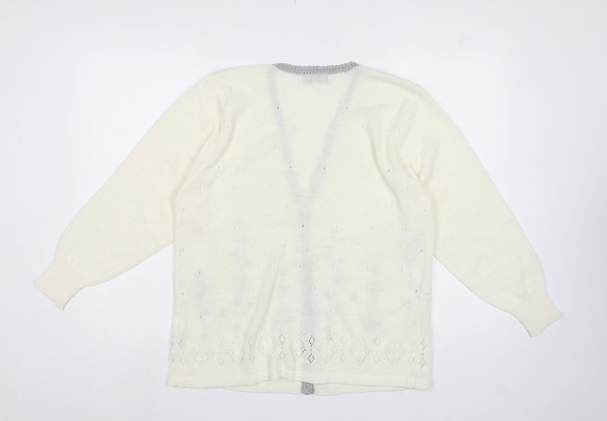 Affections Women Ivory L Floral Embroidered V-Neck Knit Cardigan