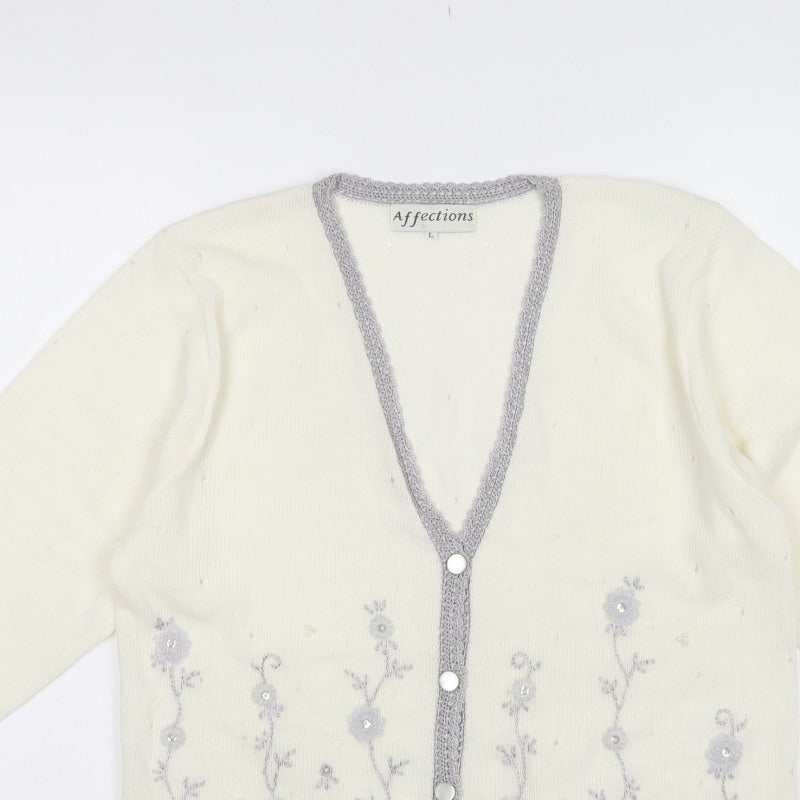 Affections Women Ivory L Floral Embroidered V-Neck Knit Cardigan