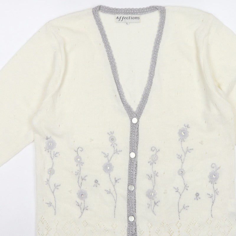 Affections Women Ivory L Floral Embroidered V-Neck Knit Cardigan