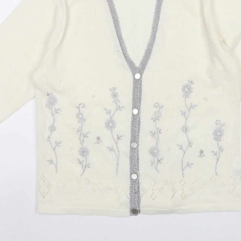 Affections Women Ivory L Floral Embroidered V-Neck Knit Cardigan