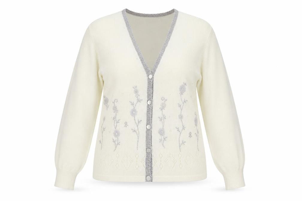 Affections Women Ivory L Floral Embroidered V-Neck Knit Cardigan