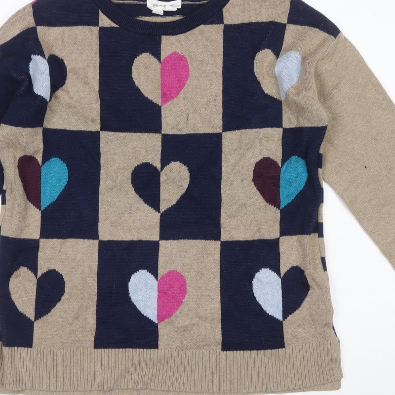 White Stuff Women’s Beige Navy Heart Check Knit Jumper UK 14