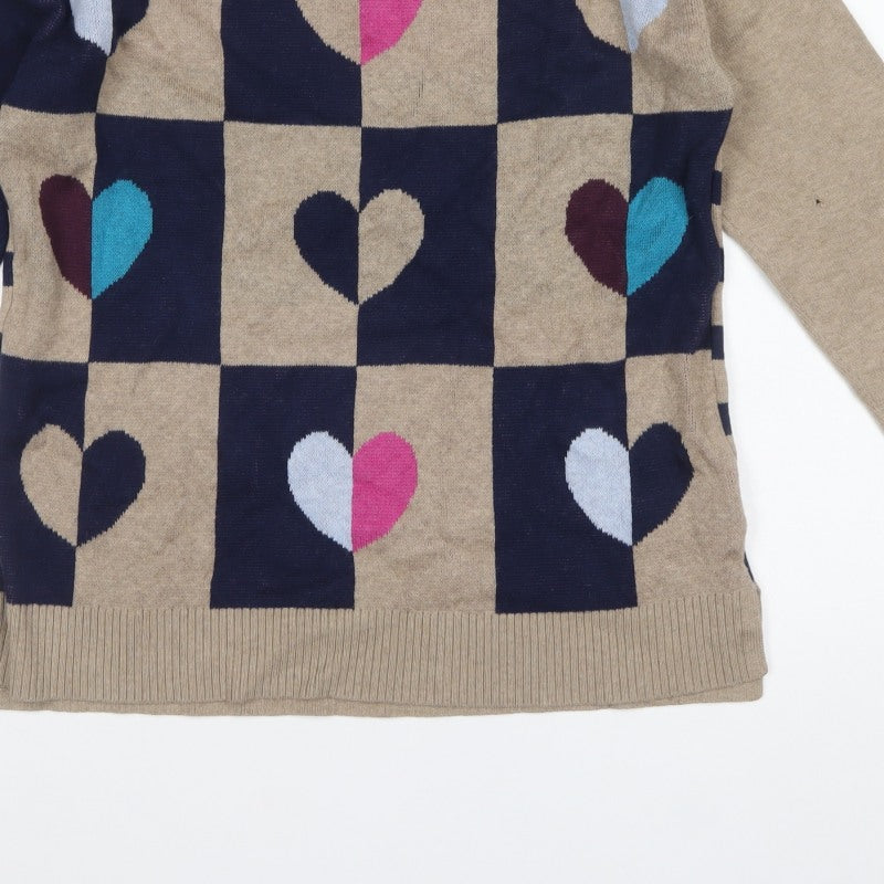White Stuff Women’s Beige Navy Heart Check Knit Jumper UK 14