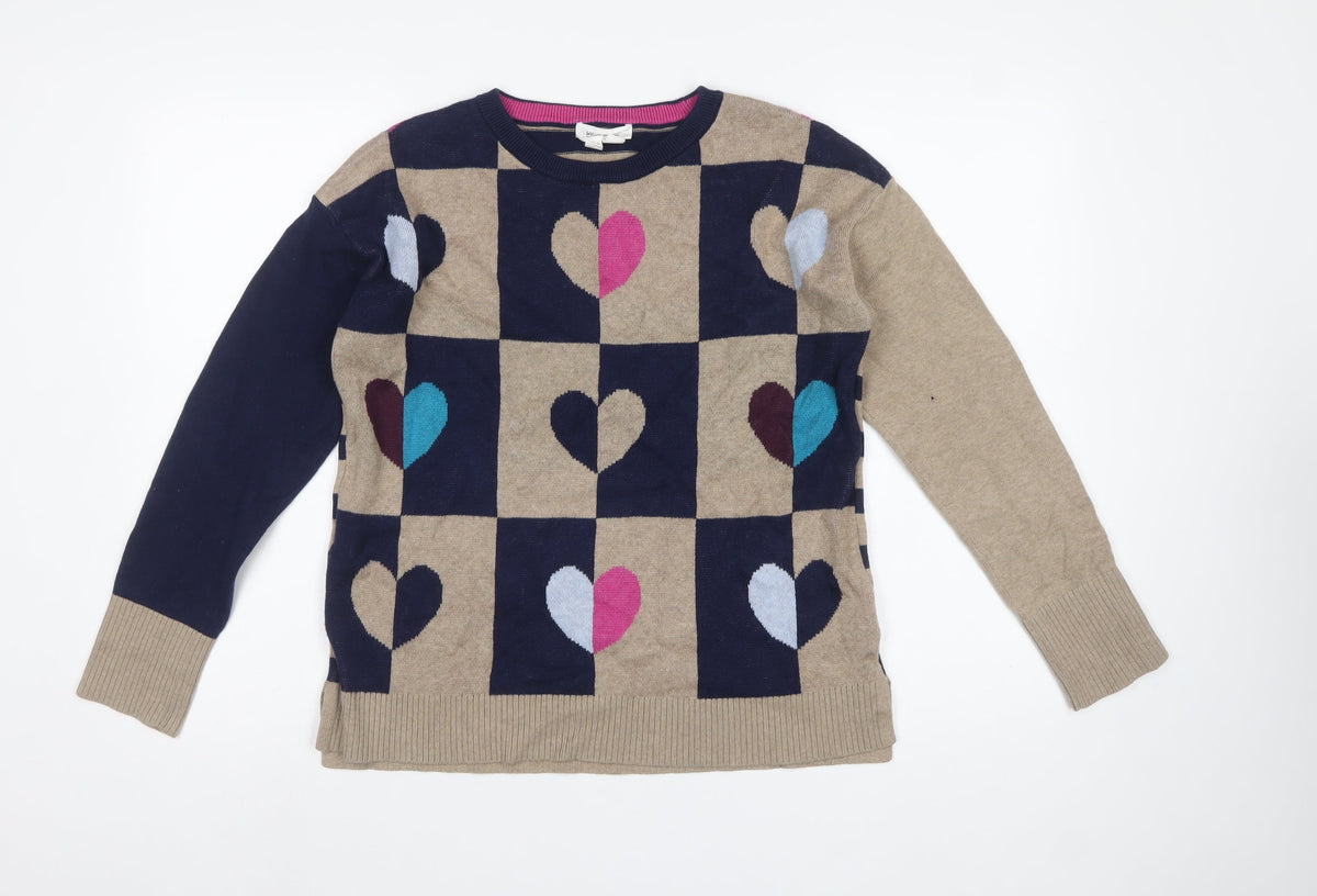 White Stuff Women’s Beige Navy Heart Check Knit Jumper UK 14