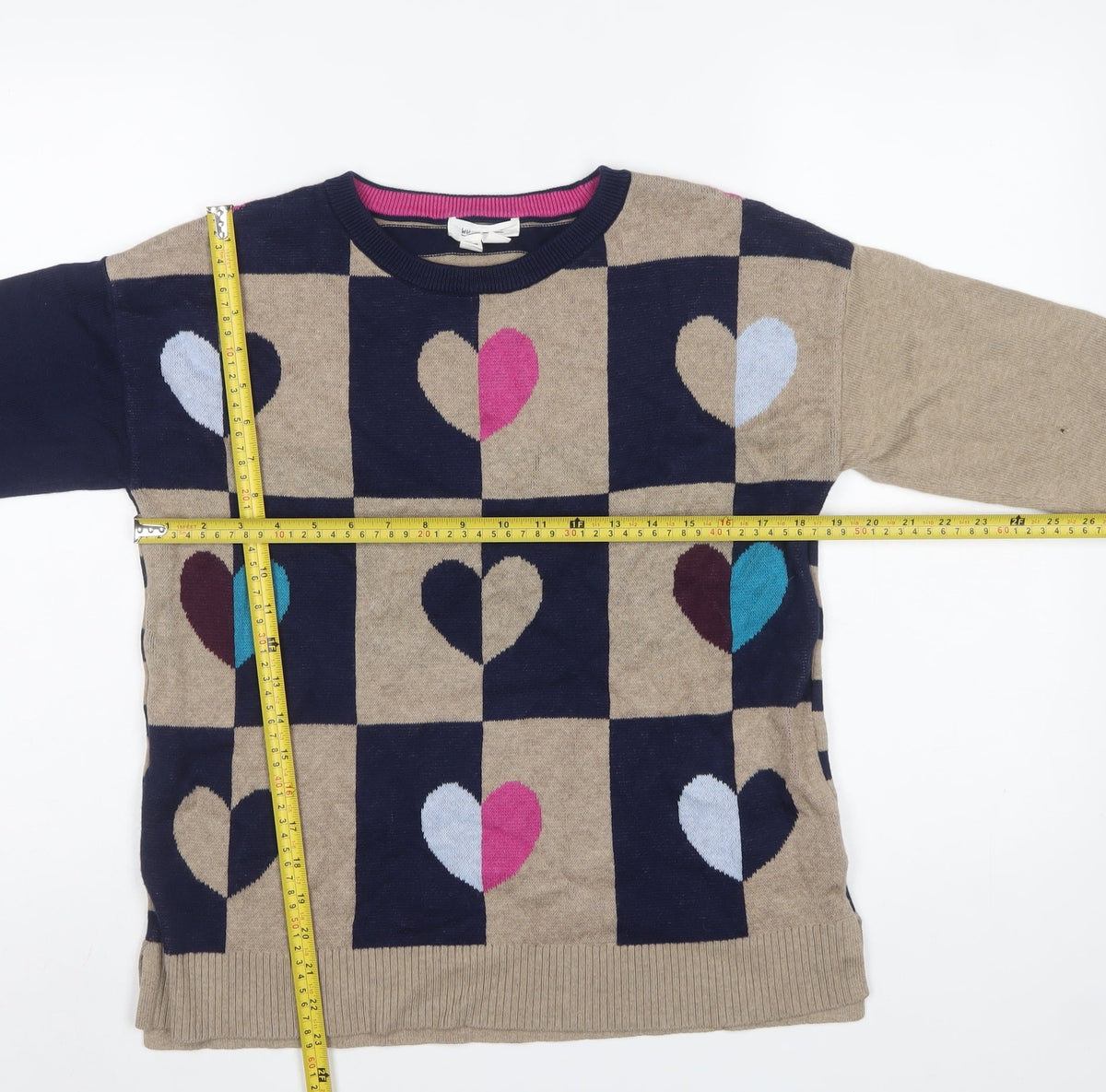 White Stuff Women’s Beige Navy Heart Check Knit Jumper UK 14
