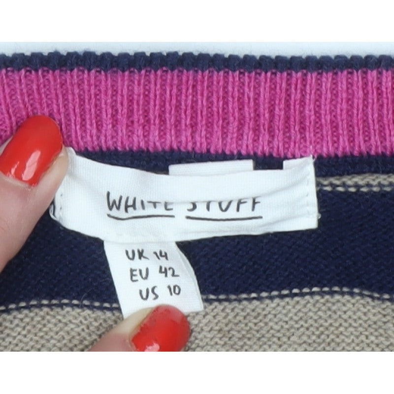 White Stuff Women’s Beige Navy Heart Check Knit Jumper UK 14